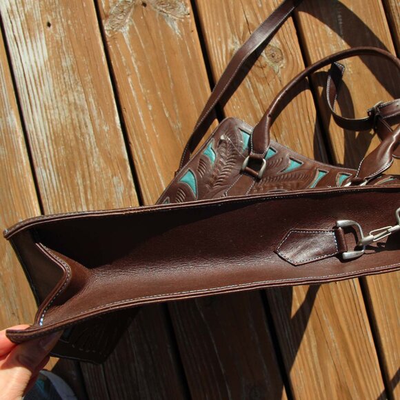 JL Saldivar Cutout Tooled Leather Large Purse Tote Bag, Dark Brown & Turquoise - Picture 10 of 16